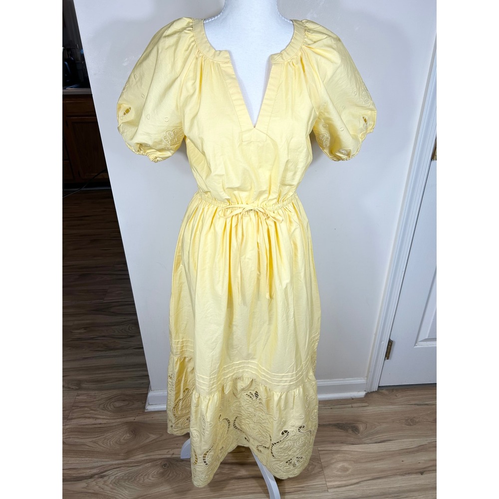MOON‎ RIVER Eyelet Milkmaid Maxi Dress Small Butter Yellow Puff Sleeve Feminine